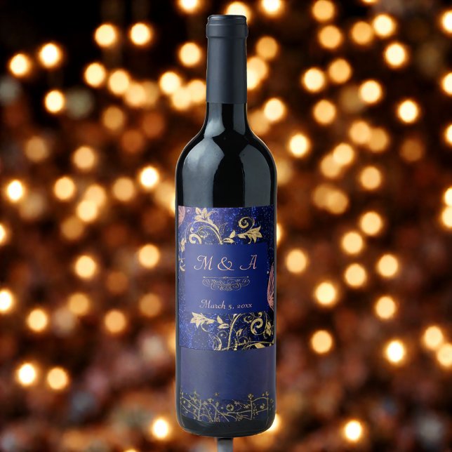 Royal Blue Gold Butterfly Wedding Weinetikett (Von Creator hochgeladen)