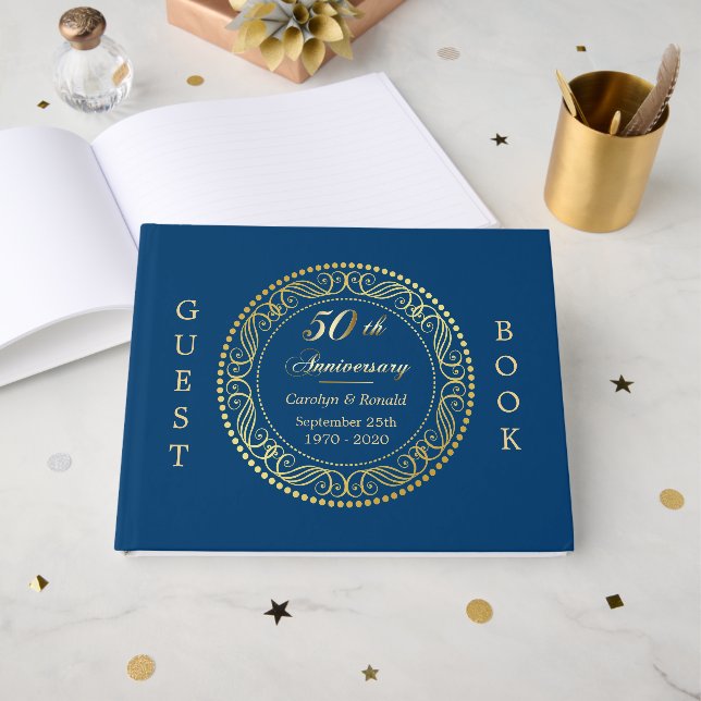 Royal Blue Gold Circle Jubiläum Gästebuch (Vorderseite Offen)