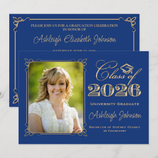 Royal Blue, Gold Class of 2026 Photo Graduation Einladung