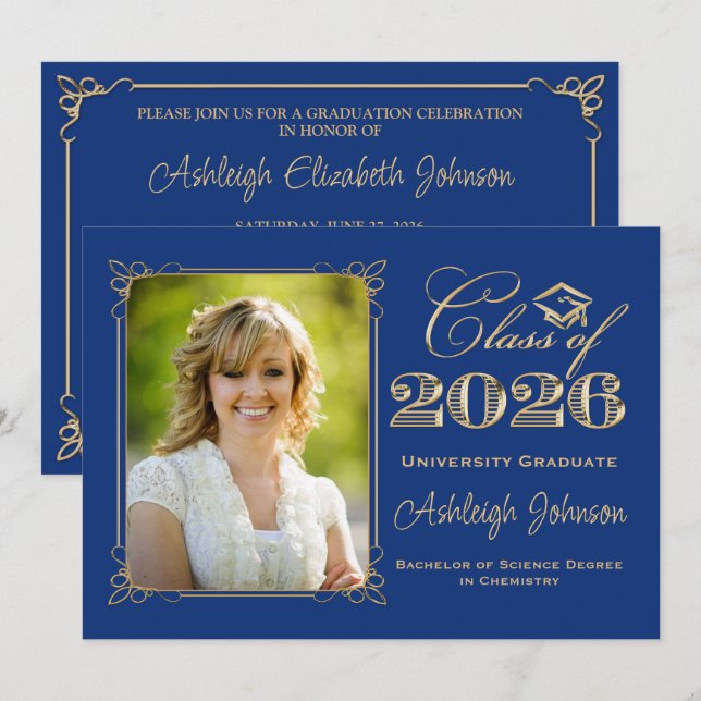 Royal Blue, Gold Class of 2026 Photo Graduation Einladung (Vorne/Hinten)