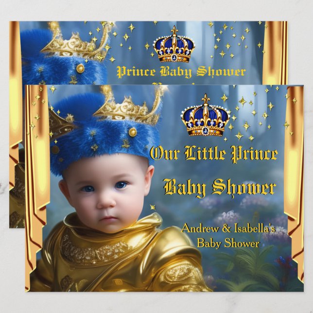 Royal Blue Gold Crown Drapes Prince Baby Dusche Einladung (Vorne/Hinten)