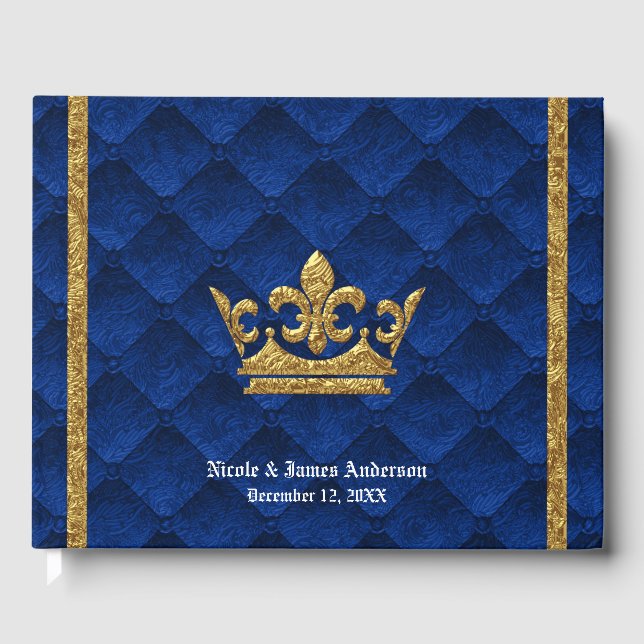 Royal Blue & Gold Crown Eleganter Glamour Hochzeit Gästebuch (Vorderseite)