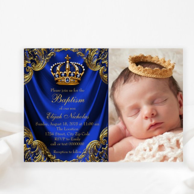 Royal Blue Gold Crown Little Prince Taufe Einladung (Von Creator hochgeladen)