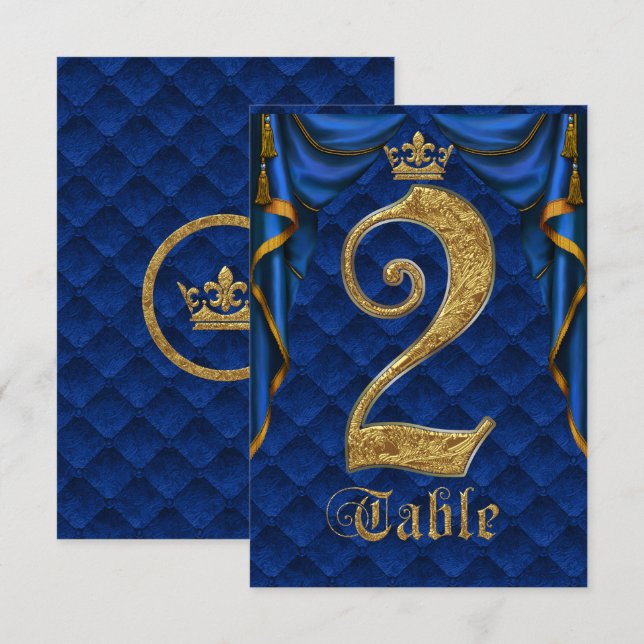 Royal Blue Gold Crown Mariage Numéro de Table 2 (Devant / Derrière)