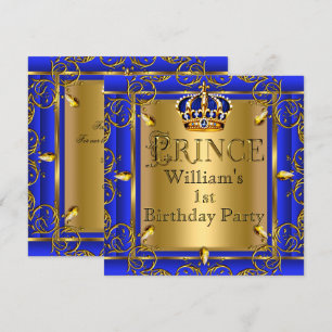 Royal Blue Gold Crown Prince 1. Geburtstagskinder  Einladung