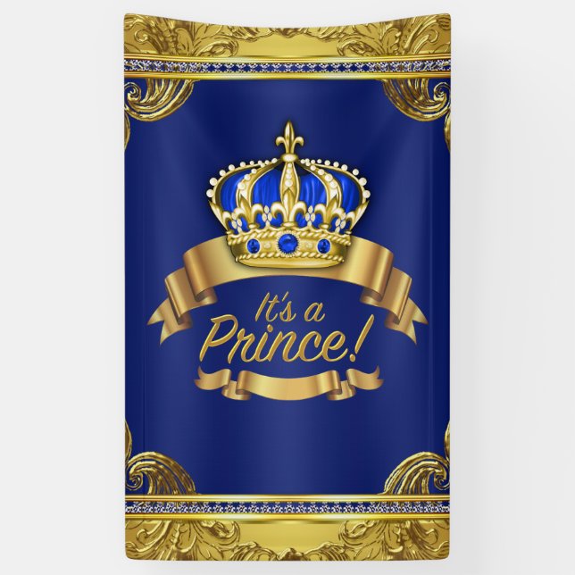 Royal Blue Gold Crown Prince Baby Dusche Banner (Vertikal)