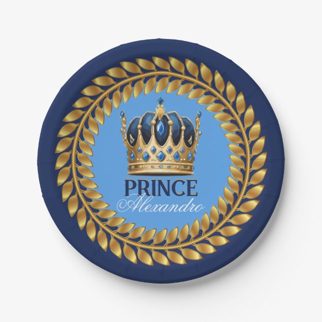 Royal Blue Gold Crown Prince Baby Dusche/Geburtsta Pappteller (Vorderseite)