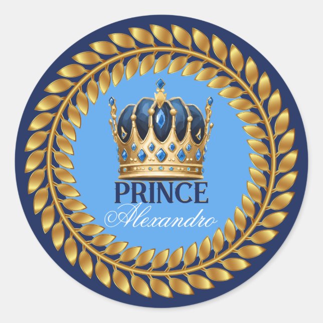 Royal Blue Gold Crown Prince Baby Dusche/Geburtsta Runder Aufkleber (Vorderseite)