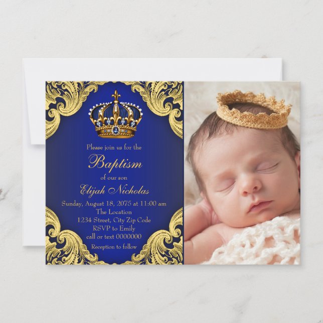 Royal Blue Gold Crown Prince Taufe Einladung (Vorderseite)