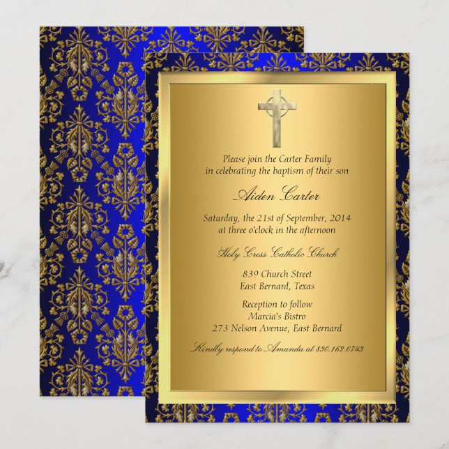 Royal Blue & Gold Damask Cross Baptism Invitation (Devant / Derrière)