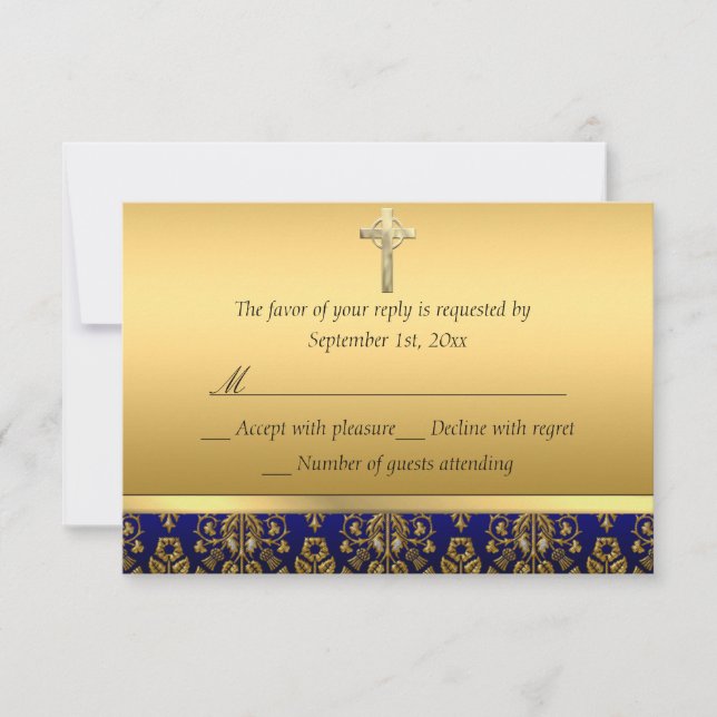 Royal Blue & Gold Damask Cross Baptism RSVP (Devant)