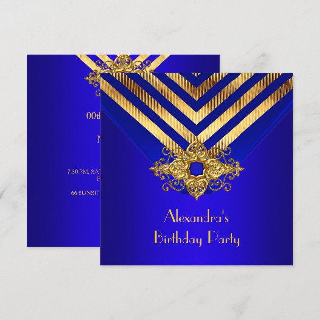 Royal Blue Gold Deko Stripe Birthday Party Einladung (Vorne/Hinten)