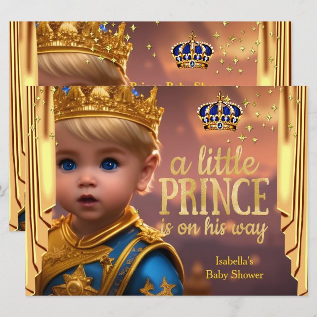 Royal Blue Gold Drapes Prince Baby Dusche Blonde Einladung (Vorne/Hinten)