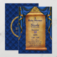 Royal Blue & Gold Drapes Scroll Baby Dusche