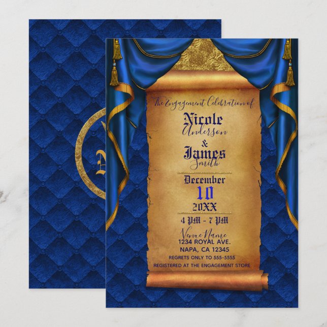 Royal Blue & Gold Drapes Scroll Engagement Party Einladung (Vorne/Hinten)