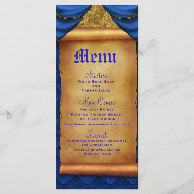 Royal Blue Gold Drapes Scroll Wedding Menu Menükarte (Vorderseite)