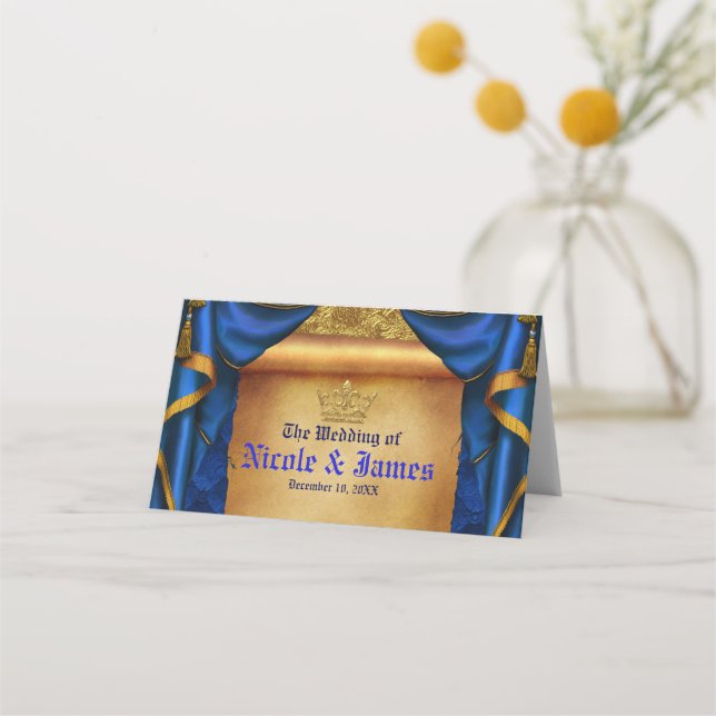 Royal Blue & Gold Drapes Scroll Wedding Table Platzkarte (Vorderseite)