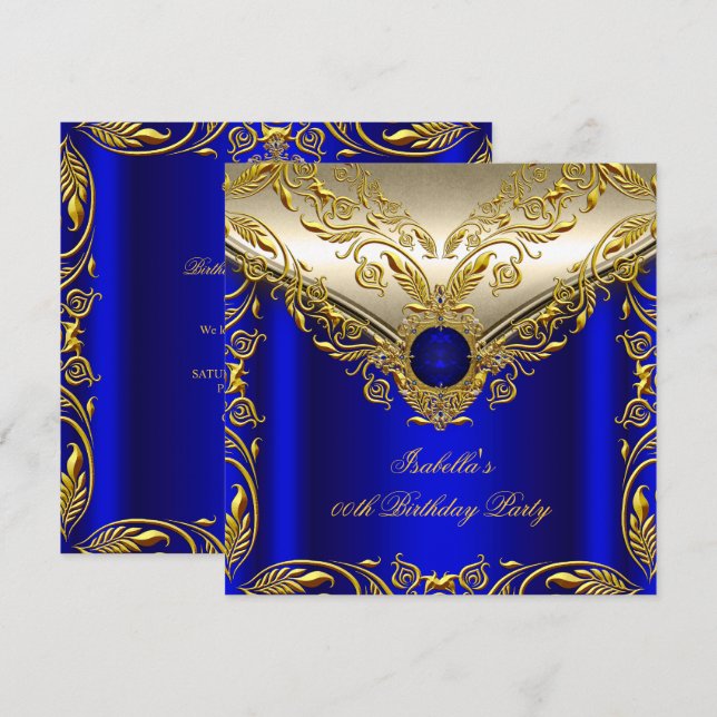Royal Blue Gold Elegante Elite Birthday Party Einladung (Vorne/Hinten)