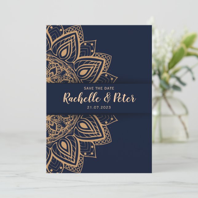 Royal Blue Gold Elegante Luxus Hochzeit Einladung (Stehend Vorderseite)