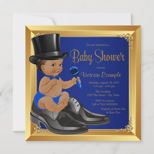 Royal Blue Gold Ethnic Little Man Baby Dusche Einladung (Vorderseite)