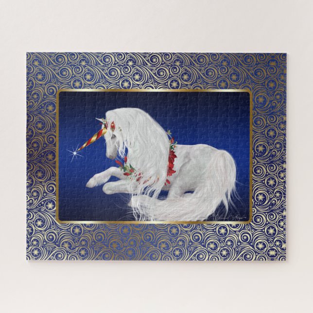 Royal Blue Gold Fantasy Holiday Unicorn (Horizontal)