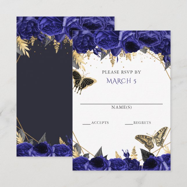 Royal Blue Gold Floral Butterfets Quinceanera RSVP Karte (Vorne/Hinten)