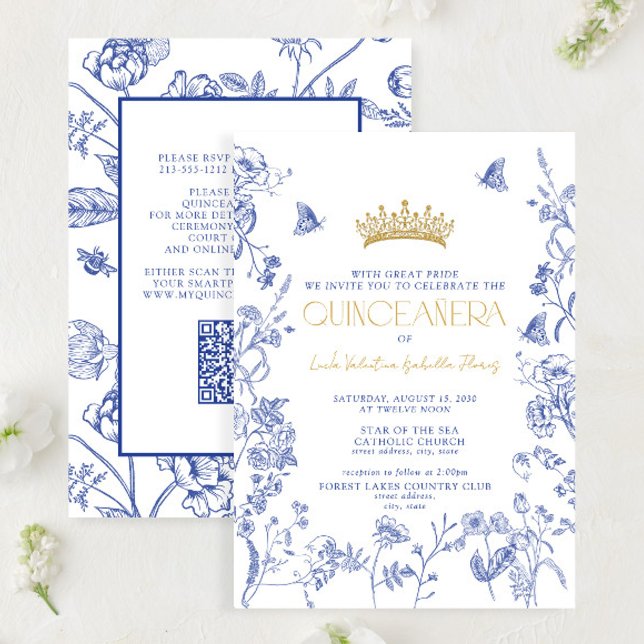 Royal Blue Gold Floral Butterfly QR Quinceñera Einladung (Von Creator hochgeladen)