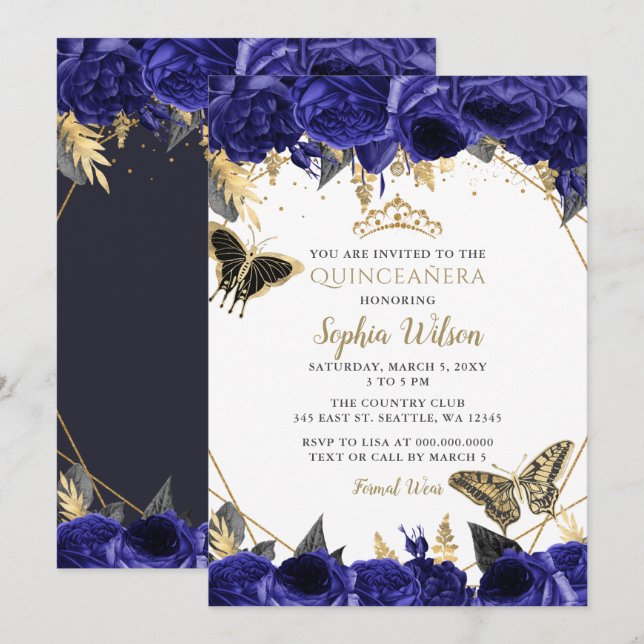 Royal Blue Gold Floral Butterfly Quinceñera Einladung (Vorne/Hinten)