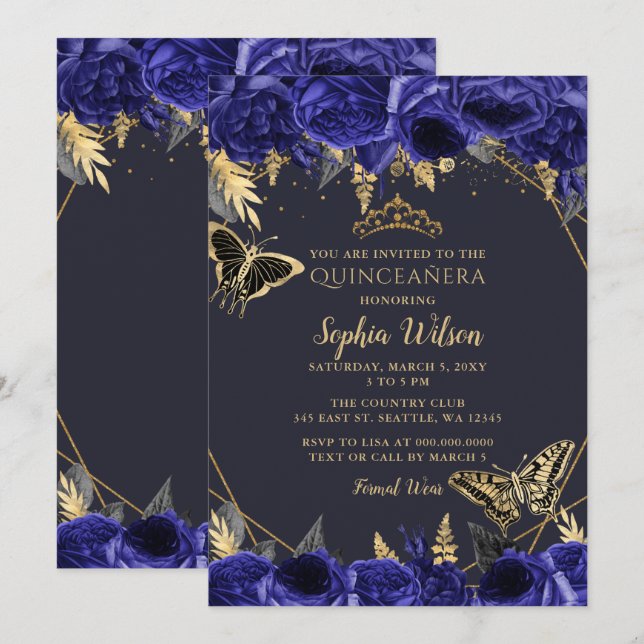 Royal Blue Gold Floral Butterfly Quinceñera Einladung (Vorne/Hinten)