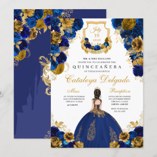 Royal Blue & Gold Floral Elegante Quinceñera Einladung