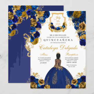 Royal Blue & Gold Floral Elegante Quinceñera Einladung