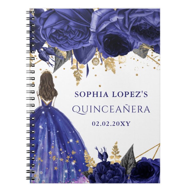 Royal Blue Gold Floral Princess Quinceanera Notizblock (Vorderseite)
