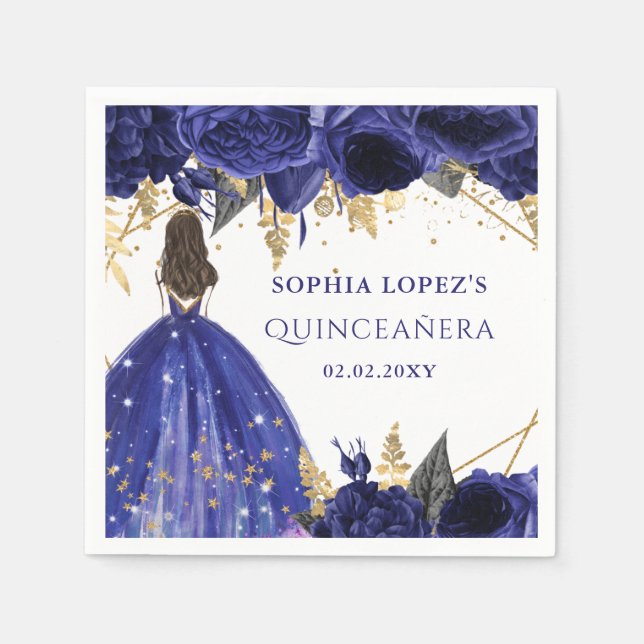 Royal Blue Gold Floral Princess Quinceanera Serviette (Vorderseite)