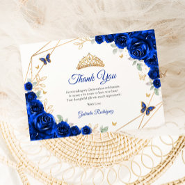 Royal Blue Gold Floral Quinceanera Dankeskarte