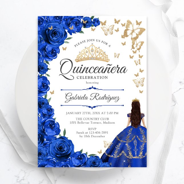 Royal Blue Gold Floral Quinceanera Einladung (Von Creator hochgeladen)