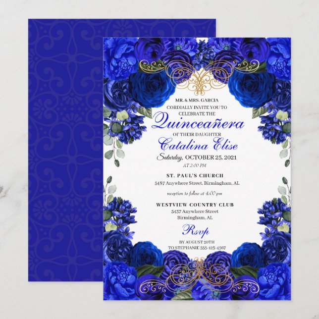Royal Blue & Gold Floral Quinceanera Geburtstag Einladung (Vorne/Hinten)