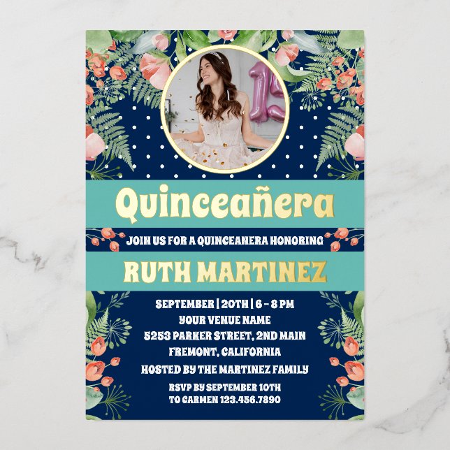 Royal Blue Gold Floral Quinceanera Party Foto Folieneinladung (Vorderseite)
