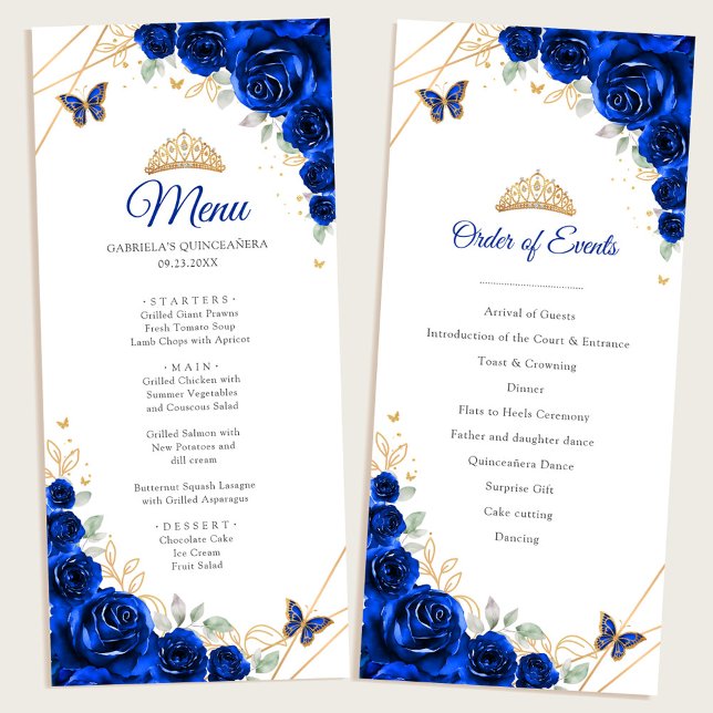 Royal Blue Gold Floral Quinceanera Programmmenü Menükarte (Von Creator hochgeladen)