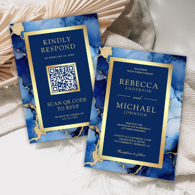 Royal Blue Gold Fluid Ink QR Code Wedding Einladung (Von Creator hochgeladen)