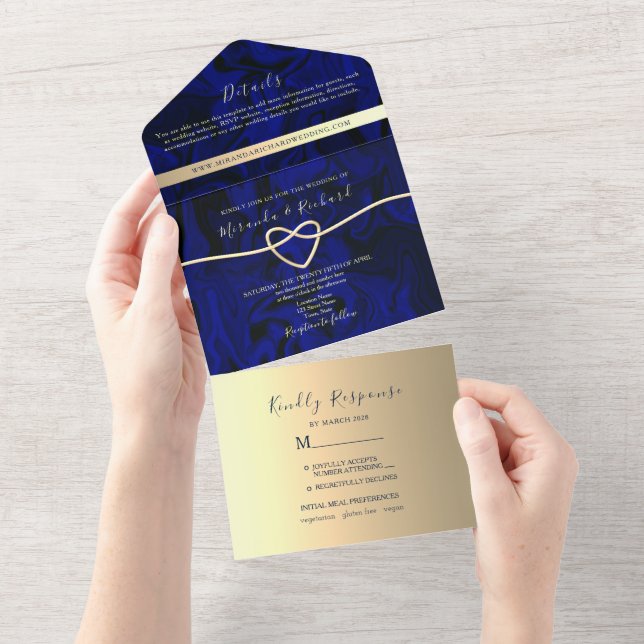 Royal Blue Gold Foto Wedding All In One Einladung (Abreißen)