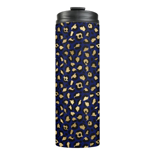 Royal Blue & Gold Glam Leopard Spots Print Thermosbecher (Vorderseite)