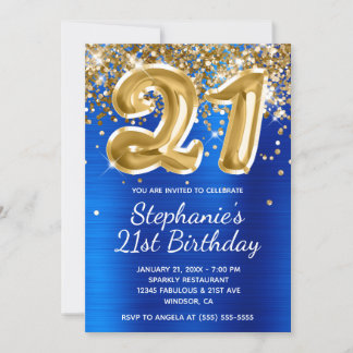 Royal Blue Gold Glitzer Foil Ballon 21. Geburtstag Einladung