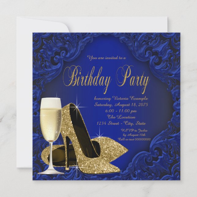 Royal Blue Gold High Heel Champagne Geburtstagspar Einladung (Vorderseite)