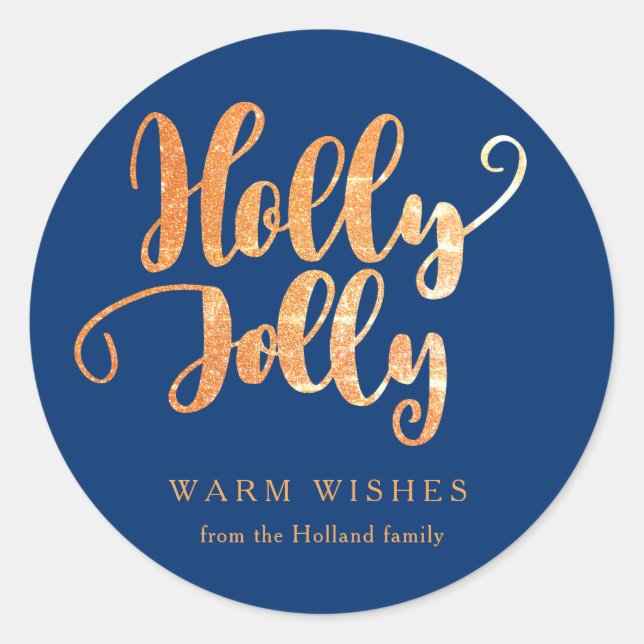 Royal Blue Gold Holly Jolly Holiday Runder Aufkleber (Vorderseite)