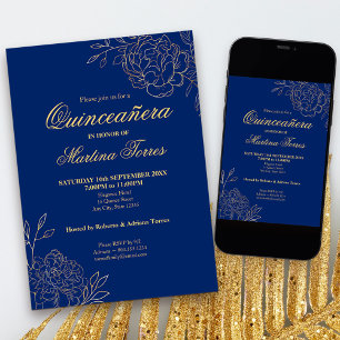 Royal Blue Gold Kontur Blume Floral Quinceanera Einladung