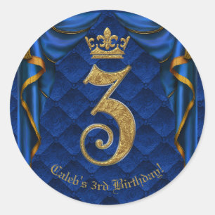 Royal Blue & Gold Krone 3 3. Geburtstagsfeier   Runder Aufkleber