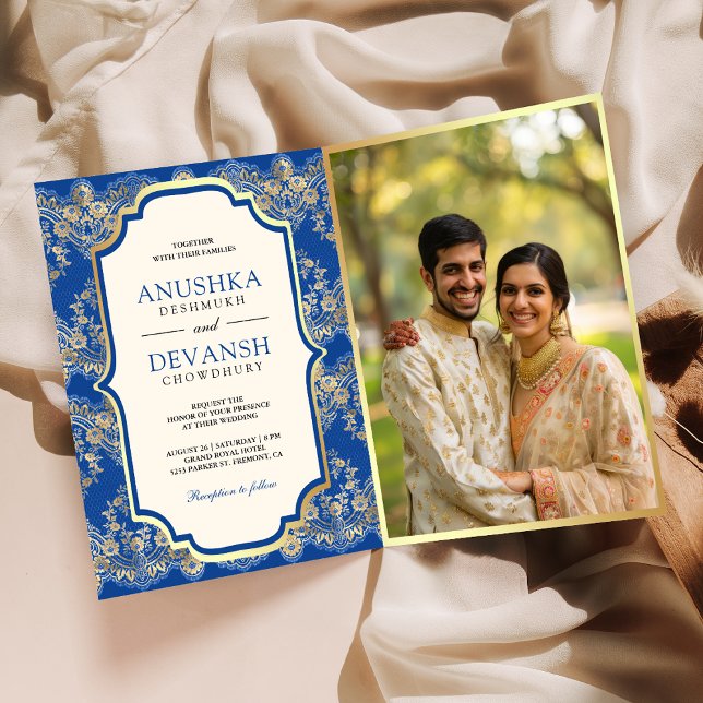 Royal Blue Gold Lace QR Code Foto Indian Wedding Einladung (Von Creator hochgeladen)