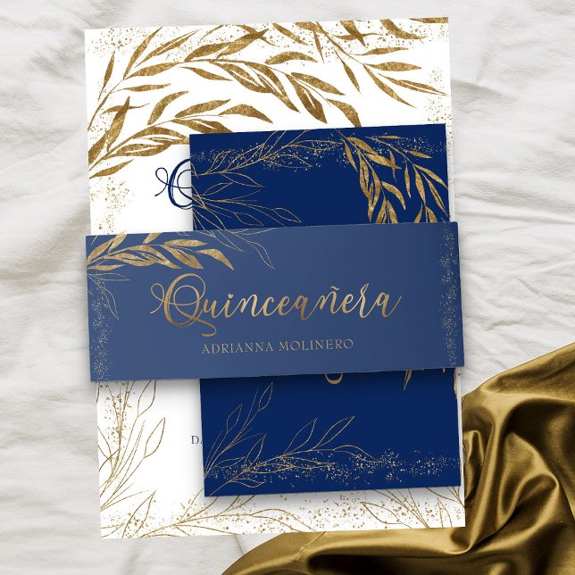 Royal Blue Gold Leaf und Confetti Quinceanera Einladungsbanderole (Royal Blue Quinceanera invitation belly band from my Gold Leaf Quinceanera Collection)
