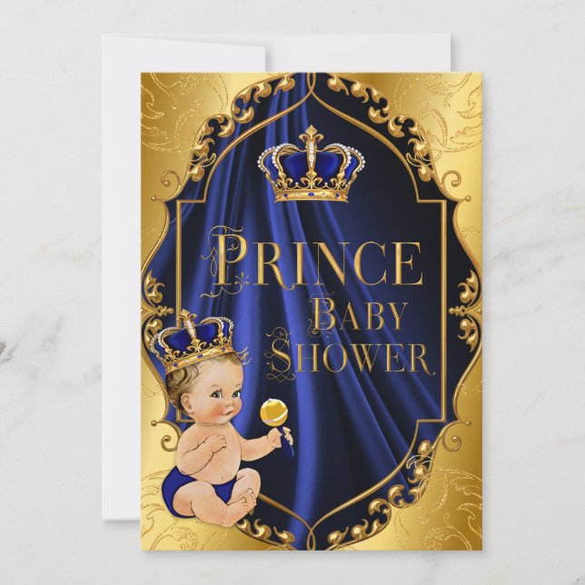 Royal Blue & Gold Little Prince Crown Einladung (Vorderseite)