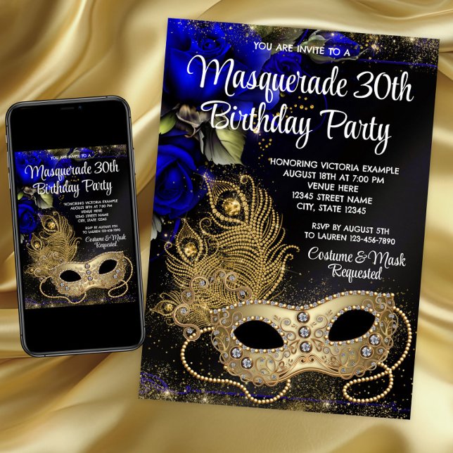 Royal Blue Gold Masquerade Party Einladung (Blue and Gold Masquerade Party Invitation for any birthday and event.)